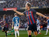 Marcos Alonso celebrates scoring for Barcelona against Espanyol on December 31, 2022