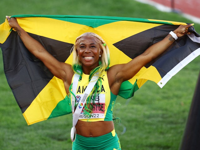 Jamaica's Shelly-Ann Fraser-Pryce celebrates winning gold in the women's 100 metres final in July 2022