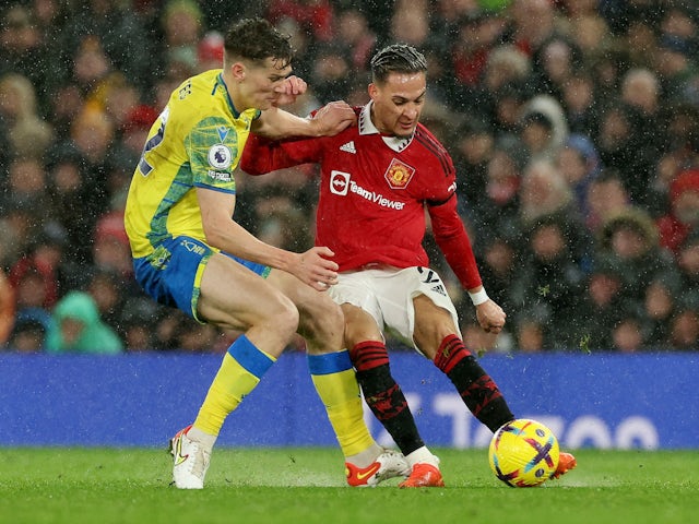 Manchester United's Antony in action with Nottingham Forest's Ryan Yates on December 27, 2022