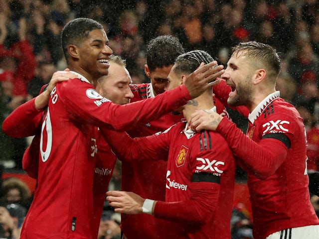 Manchester United's Marcus Rashford celebrates scoring against Nottingham Forest on December 27, 2022