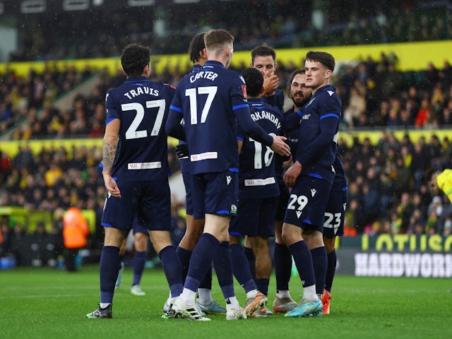 Blackburn Rovers' Jack Vale celebrates scoring their first goal with teammates on January 8, 2023