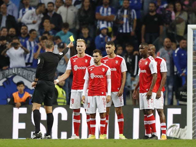 Braga's Ricardo Horta is shown a yellow card by referee on September 30, 2022