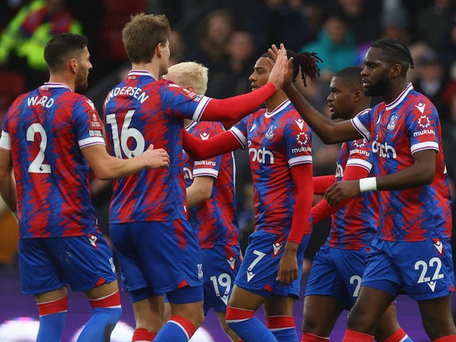 Crystal Palace's Odsonne Edouard celebrates scoring their first goal with teammates on January 7, 2023
