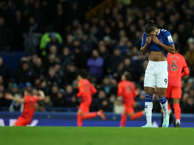 Everton's Dominic Calvert-Lewin looks dejected after Brighton & Hove Albion score their second goal on January 3, 2023