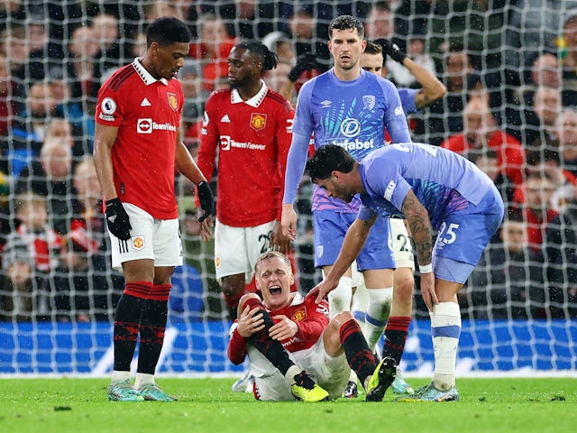 Manchester United's Donny van de Beek reacts after sustaining an injury on January 3, 2023
