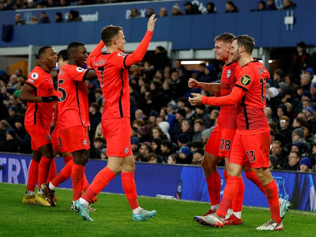 Brighton & Hove Albion's Evan Ferguson celebrates scoring their second goal with teammates on January 3, 2023