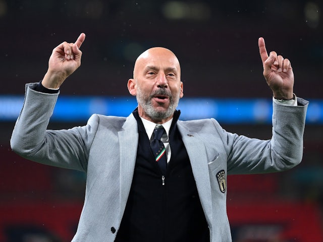 Italy delegation chief Gianluca Vialli celebrates after winning Euro 2020