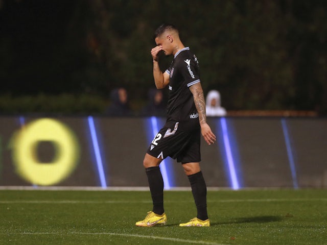 Casa Pia's Lucas Soares looks dejected as he walks off the pitch after being shown a red card on January 7, 2023