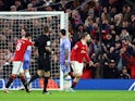 Luke Shaw celebrates scoring for Manchester United on January 3, 2022