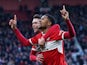 Middlesbrough's Chuba Akpom celebrates scoring their first goal with Jonny Howson on January 7, 2023