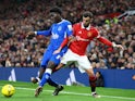 Everton's Amadou Onana in action with Manchester United's Bruno Fernandes on January 6, 2023
