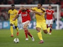 Benfica's Fredrik Aursnes in action with Portimonense's Fahd Moufi on January 6, 2023