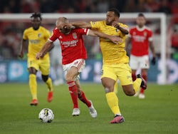 Benfica's Fredrik Aursnes in action with Portimonense's Fahd Moufi on January 6, 2023
