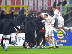 Roma's Tammy Abraham celebrates scoring their second goal with Paulo Dybala, Nicola Zalewski and teammates on January 8, 2023