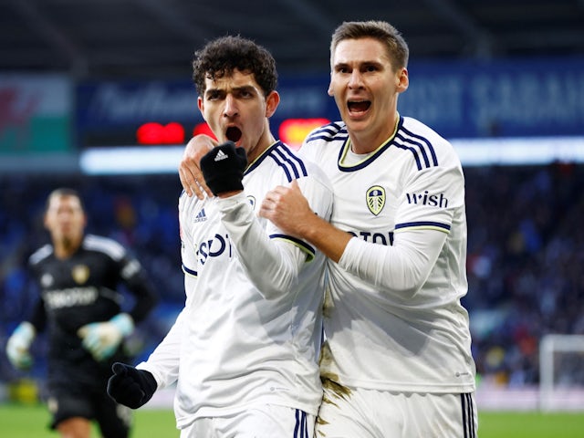 Leeds United's Sonny Perkins celebrates scoring their second goal with Maximilian Wober  on January 8, 2023
