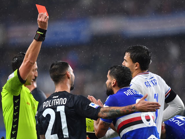 Sampdoria's Tomas Rincon is shown a red card by referee on January 8, 2023