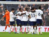 Tottenham Hotspur's Harry Kane celebrates scoring their first goal with teammates on January 7, 2023