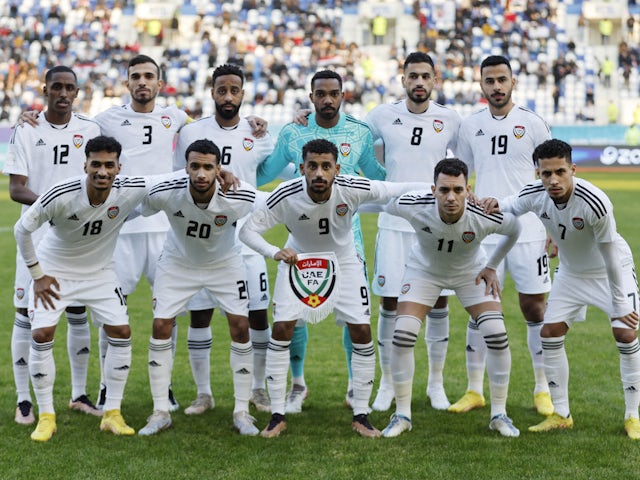 United Arab Emirates (UAE) players pose for a team group photo before the match on January 7, 2023