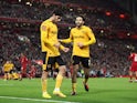 Wolverhampton Wanderers' Goncalo Guedes celebrates scoring their first goal with Rayan Ait-Nouri on January 7, 2023