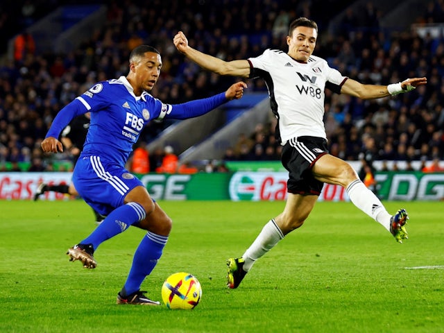 Leicester City's Youri Tielemans in action with Fulham's Joao Palhinha on January 3, 2022