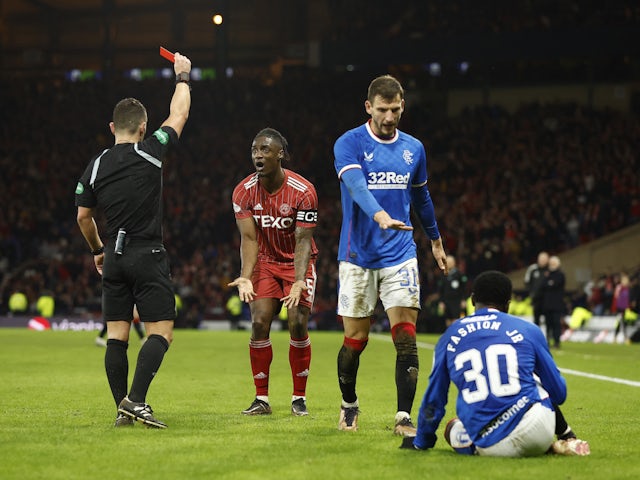 Aberdeen's Anthony Stewart is shown a red card by referee Nick Walsh on January 15, 2023