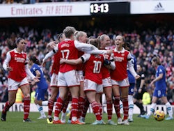 Arsenal Women's Kim Little celebrates scoring their first goal with teammates on January 15, 2023