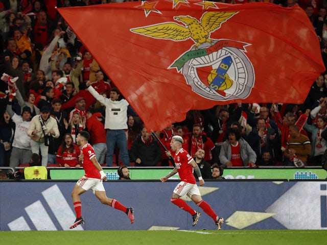 Benfica's Goncalo Ramos celebrates scoring their first goal with Enzo Fernandez on January 15, 2023
