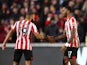 Brentford's Ivan Toney celebrates scoring their first goal with Bryan Mbeumo on January 14, 2023