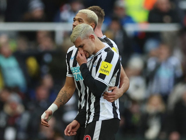 Newcastle United's Bruno Guimaraes reacts at the end of the first half on January 15, 2023