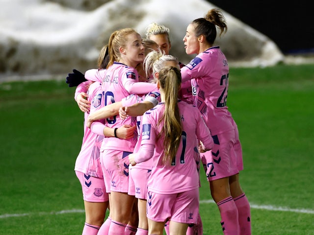 Everton Ladies' Giovana celebrates scoring their third goal with teammates on December 14, 2022