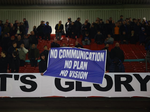 Everton fans display a sign reading 'No Communication, No Plan, No Vision' after the match on January 6, 2023