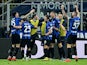 Inter Milan's Edin Dzeko celebrates scoring their first goal with teammates on January 4, 2023