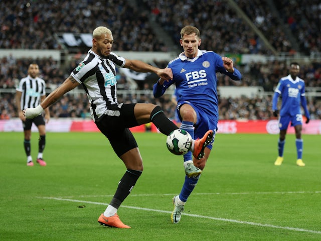 Newcastle United's Joelinton in action with Leicester City's Marc Albrighton on January 10, 2023