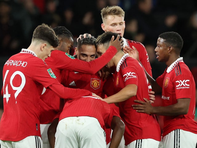 Manchester United's Antony celebrates scoring their first goal with teammates on January 10, 2023