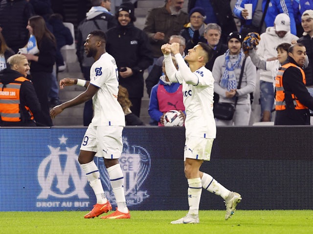 Marseille's Alexis Sanchez celebrates scoring their second goal on January 14, 2023