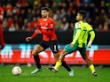 Rennes' Martin Terrier in action with AEK Larnaca's Gus Ledes on November 3, 2022