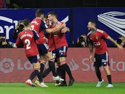 Osasuna's David Garcia celebrates scoring their first goal with teammates on November 8, 2022