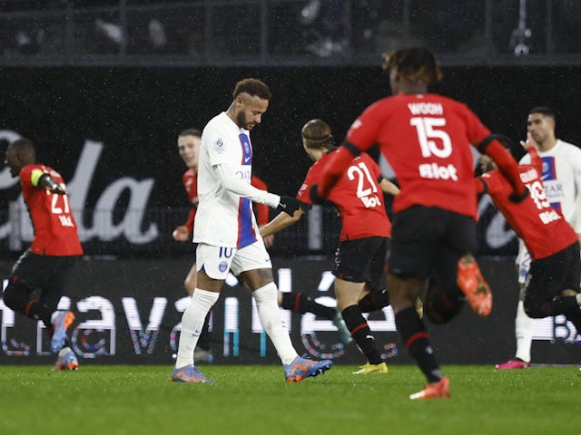 Paris Saint-Germain's (PSG) Neymar reacts after Stade Rennes' Hamari Traore scores their first goal on January 15, 2023