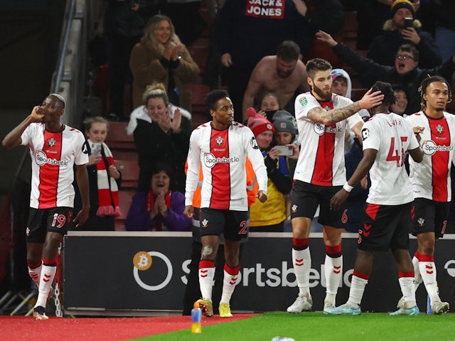 Southampton's Moussa Djenepo celebrates scoring against Manchester City on January 11, 2023
