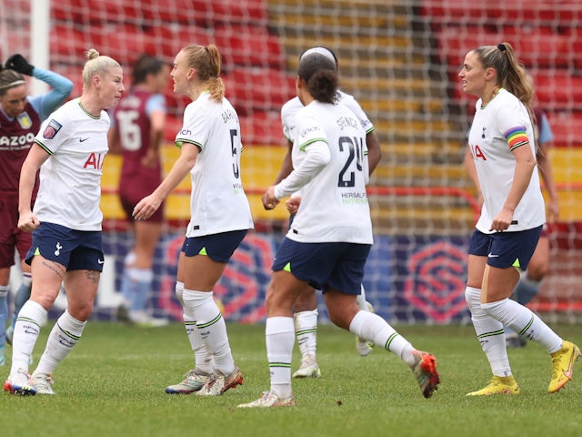 Tottenham Hotspur Women's Beth England celebrates scoring their first goal with Molly Bartrip on January 14, 2023