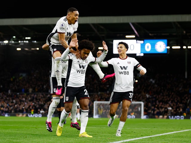 Willian celebrates scoring for Fulham against Chelsea on January 12, 2023