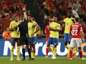 Arouca's Mateus Quaresma is shown a red card by referee Manuel Mota on August 5, 2022