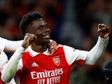 Bukayo Saka celebrates scoring for Arsenal on January 22, 2023