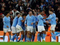 Manchester City players celebrate Riyad Mahrez's goal against Tottenham Hotspur on January 19, 2023