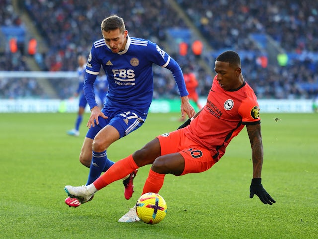 Leicester City's Timothy Castagne in action with Brighton & Hove Albion's Pervis Estupinan on January 21, 2023