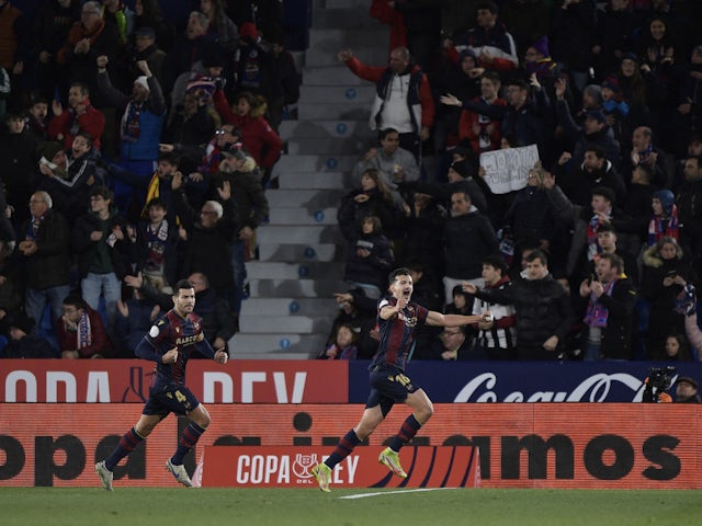 Levante's Alex Munoz celebrates a goal that was later disallowed on January 18, 2023