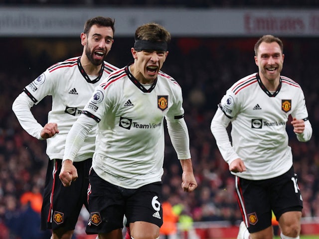 Manchester United's Lisandro Martinez celebrates scoring against Arsenal on January 22, 2023