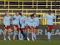 Manchester City Women players celebrate after Deyna Castellanos scores their first goal on January 21, 2023