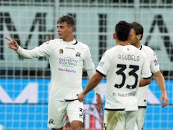 Spezia's Daniel Maldini celebrates scoring their first goal with teammates on November 5, 2022