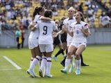 United States women's soccer forward Alex Morgan, left, celebrates with Mallory Swanson (9), Trinity Rodman, second from right, and Sofia Huerta (8) after scoring her goal in the 2nd half during the International Friendly between New Zealand and USA at Sk